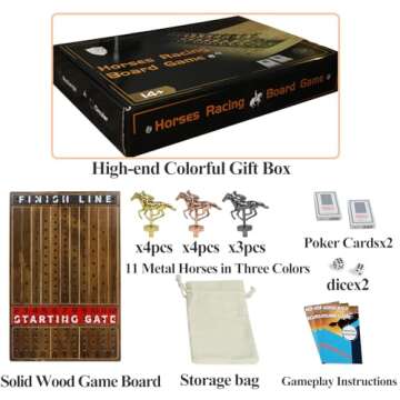 HOROW Metal Horse Racing Board Game Card Board Game Finish Line Luxury Edition Solid Wood Race Game Board 11 Batches of Metal Model Horses 2 Sets of Dice and 2 Boxes of Cards…