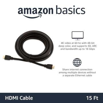Amazon Basics High-Speed 4K Ultra HD HDMI 2.0 Cable/Cord, 15ft / 4.5m, 18 Gbps, 60 Hz, 2160p, 48 bit...