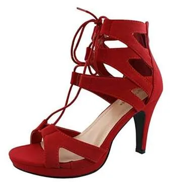 TOP Moda Women's Pebble-2 Gladiator Lace Up Bootie Sandals - Bold Red and Chic Style