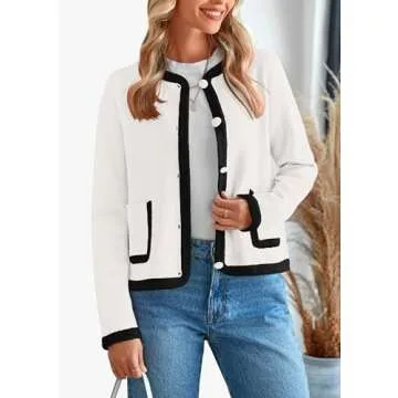 PRETTYGARDEN Women's Winter Trendy Button Down Open Front Cardigan Sweaters Knit Color Block Jackets Fall Fashion Clothes (White,X-Large)