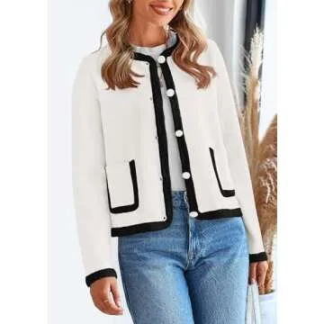 PRETTYGARDEN Women's Winter Trendy Button Down Open Front Cardigan Sweaters Knit Color Block Jackets Fall Fashion Clothes (White,X-Large)