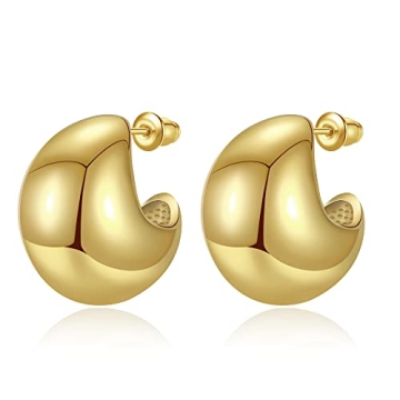 Anten Pink Chunky Gold Hoop Earrings for Women, Lightweight Drop Hoops Earrings with 18K Real Gold P...