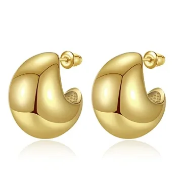 Anten Pink Chunky Gold Hoop Earrings for Women, Lightweight Drop Hoops Earrings with 18K Real Gold P...