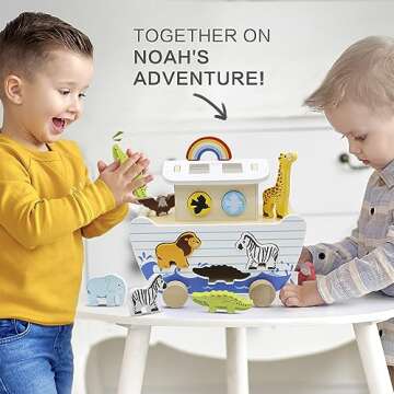 bpmfkid Noah's Ark Wooden Toy Set, Educational Wooden Animal Toys for Toddlers, Montessori Shape Sor...