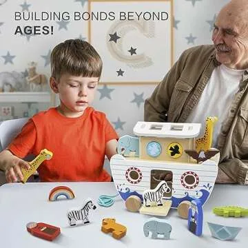 bpmfkid Noah's Ark Wooden Toy Set, Educational Wooden Animal Toys for Toddlers, Montessori Shape Sorter Educational Toys, Bible Story Engagement & Perfect Baptism, Christening Gift for 2-4 Y