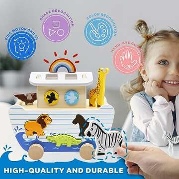 bpmfkid Noah's Ark Wooden Toy Set, Educational Wooden Animal Toys for Toddlers, Montessori Shape Sorter Educational Toys, Bible Story Engagement & Perfect Baptism, Christening Gift for 2-4 Y