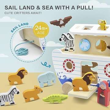 bpmfkid Noah's Ark Wooden Toy Set, Educational Wooden Animal Toys for Toddlers, Montessori Shape Sorter Educational Toys, Bible Story Engagement & Perfect Baptism, Christening Gift for 2-4 Y