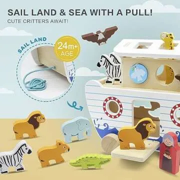 bpmfkid Noah's Ark Wooden Toy Set, Educational Wooden Animal Toys for Toddlers, Montessori Shape Sorter Educational Toys, Bible Story Engagement & Perfect Baptism, Christening Gift for 2-4 Y