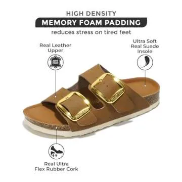 Project Cloud Genuine Leather Flat Sandals Comfortable Beach Essentials Womens Sandals Memory Foam Vacation Essentials Slides for Women Footwear (Santorini, TanLea, 6.5)