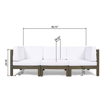 GDFStudio Great Deal Furniture Outdoor Sectional Sofa Set | 3-Seater | Acacia Wood | Water-Resistant Cushions | Gray and White
