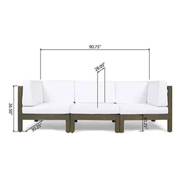 GDFStudio Great Deal Furniture Outdoor Sectional Sofa Set | 3-Seater | Acacia Wood | Water-Resistant Cushions | Gray and White