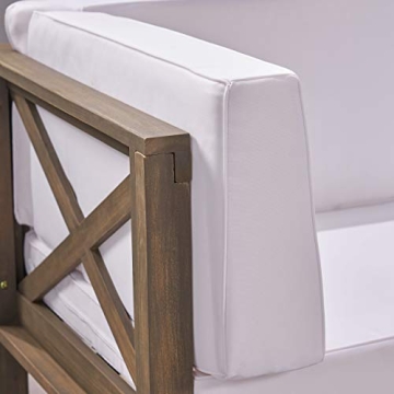 GDFStudio Great Deal Furniture Outdoor Sectional Sofa Set | 3-Seater | Acacia Wood | Water-Resistant Cushions | Gray and White