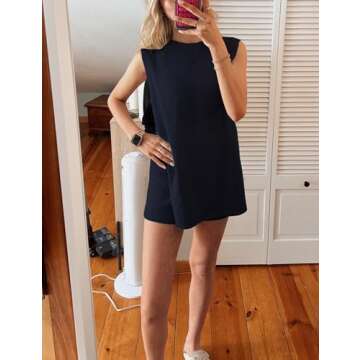 BQDCQB Womens Summer Sweater Set Sleeveless Knit Top Matching Shorts Set 2 Piece Outfits Beach Vacation Lounge Set(NavyBlue-XS)