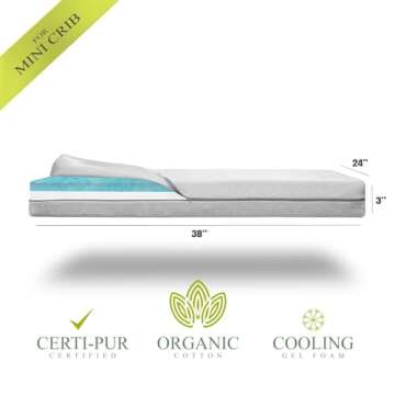 Organic Cotton Dual-Sided Mini Crib Mattress, 38x24x3 Premium Memory Foam 2-Stage CertiPUR-US Hypoal...