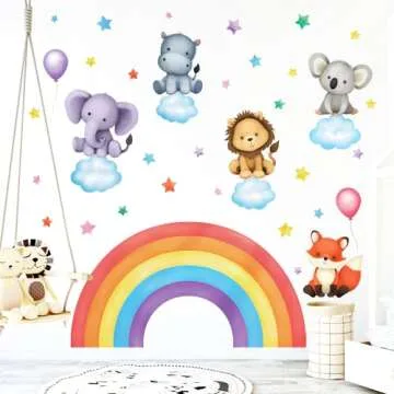 DECOWALL SG3-2318 Baby Animals on Rainbow Wall Stickers Decals Art décor Kids Living Nursery Removable Room Safari Jungle Girls Boys