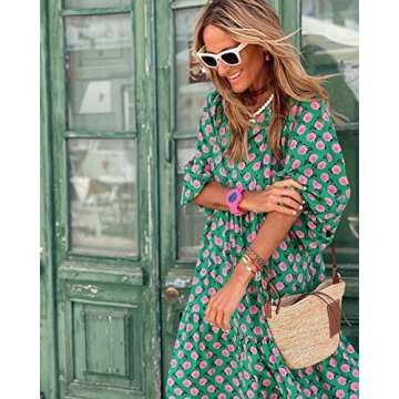 miduo Womens Loose Fit Fashion Summer V Neck Half Sleeve Bohemian Floral Pattern Maxi Long Dresses Boho Flowy Dresses Green L