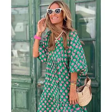 miduo Womens Loose Fit Fashion Summer V Neck Half Sleeve Bohemian Floral Pattern Maxi Long Dresses Boho Flowy Dresses Green L