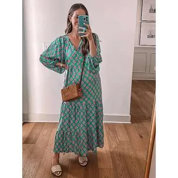 miduo Womens Loose Fit Fashion Summer V Neck Half Sleeve Bohemian Floral Pattern Maxi Long Dresses Boho Flowy Dresses Green L