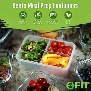 FIT Strong & Healthy Bento Lunch Box & Meal Prep Containers, Food & Snack Storage for Adults & Kids, Microwave, Freezer, & Dishwasher Safe, Reusable, Airtight Lid, Removable Compartments, 39oz, 6 Pack