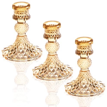ENJINKAIL Glass Candle Holder - Gold Taper Candlestick Holders, Decorative Candle Sticks Set of 3, f...