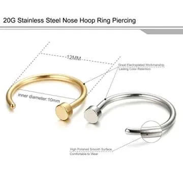 FIBO STEEL 2PCS Stainless Steel Nose Ring Hoops for Women