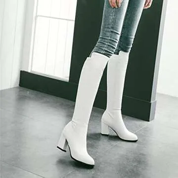 ChyJoey Women Round Toe Slip On Fashion PU Leather Knight Riding Boots Square Heels for Nightclub White