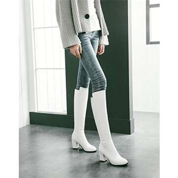 ChyJoey Women Round Toe Slip On Fashion PU Leather Knight Riding Boots Square Heels for Nightclub White