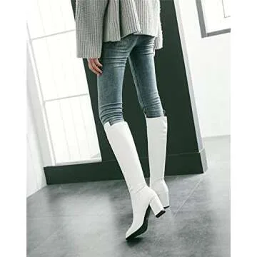 ChyJoey Women Round Toe Slip On Fashion PU Leather Knight Riding Boots Square Heels for Nightclub White