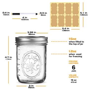 Wide Mouth Glass Mason Jars 16 oz, 6 Pack Glass Canning Jars with Metal Airtight Lids and Bands and ...
