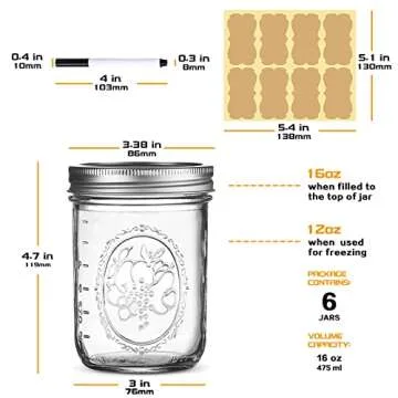 Wide Mouth Glass Mason Jars 16 oz, 6 Pack Glass Canning Jars with Metal Airtight Lids and Bands and ...