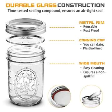 Wide Mouth Glass Mason Jars 16 oz, 6 Pack Glass Canning Jars with Metal Airtight Lids and Bands and Measurement Marks, for Canning, Preserving, Overnight Oats, Jam, Jelly, Food Storage, DIY etc