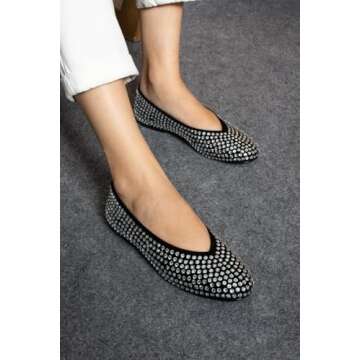 Molozoey Women's Crystals Fine Mesh Ballet Flats for Style