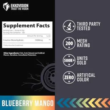 Ekko Creatine Monohydrate Powder, Micronized, Blueberry Mango, Pre Workout & Post Workout Supplement for Men and Women, Energy Support, Easy to Mix in Shakes, Smoothies & Beverages, 100 Servings