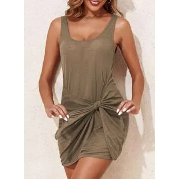 Herseas Women's Tie Waist Bathing Suit Coverup Summer Ribbed Wrapover Basic Mini Dress Bikini Cover ...