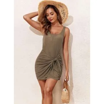 Herseas Women's Tie Waist Bathing Suit Coverup Summer Ribbed Wrapover Basic Mini Dress Bikini Cover Up Brown 2025 Cruise Outfits