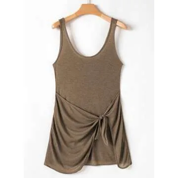 Herseas Women's Tie Waist Bathing Suit Coverup Summer Ribbed Wrapover Basic Mini Dress Bikini Cover Up Brown 2025 Cruise Outfits