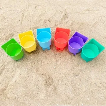 Home Queen Beach Cup Holder with Pocket, Multifunctional Sand Cup Holder for Beverage Phone Sunglass Key, Beach Accessory Drink Sand Coaster, Set of 6 (Blue, Teal, Purple, Green, Orange and Yellow)