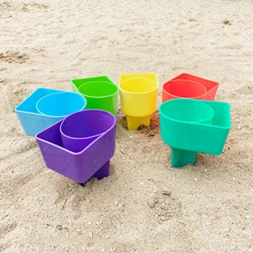 Home Queen Beach Cup Holder with Pocket, Multifunctional Sand Cup Holder for Beverage Phone Sunglass Key, Beach Accessory Drink Sand Coaster, Set of 6 (Blue, Teal, Purple, Green, Orange and Yellow)