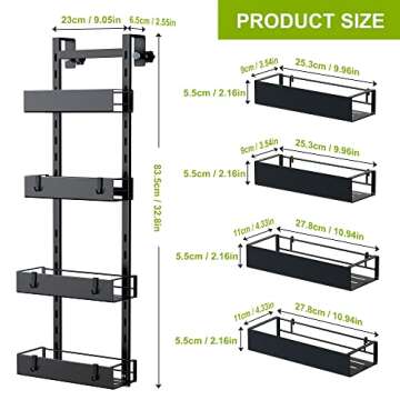 Thideewiz 4 Tier Over The Door Shower Caddy, 32.8inch Height Adjustable Hanging Shower Organizer, Metal Rustproof Bathroom Shower Shelves with 6 Plastic Hooks and 2 Suction Cups (Black)