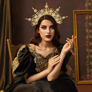 Fantherin Mary Halo Crown Headband Spiked Zip Tie Halo Crown Sunburst Goddess Headpiece with Crystal Style-4-Gold