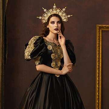 Fantherin Mary Halo Crown Headband Spiked Zip Tie Halo Crown Sunburst Goddess Headpiece with Crystal Style-4-Gold