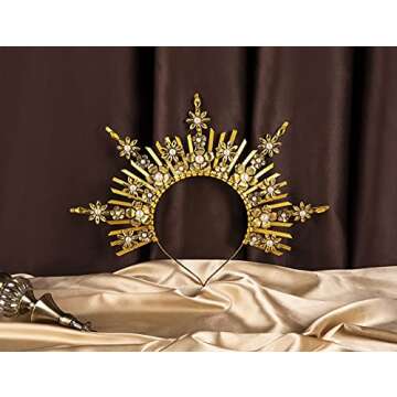 Fantherin Mary Halo Crown Headband Spiked Zip Tie Halo Crown Sunburst Goddess Headpiece with Crystal Style-4-Gold