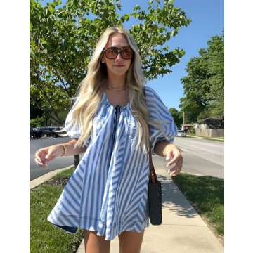 Bgylu Women’s Summer Striped Romper Casual Oversized Puff Sleeve Short Jumpsuits Overalls Beach Va...