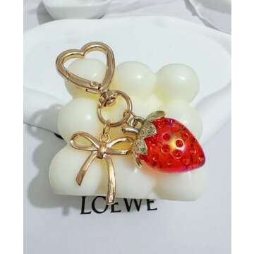 LAEKOU Cute Strawberry Keychain for Women, Bow Girls Bag Charm Key Chain Accessories, Heart Keychains Decor for Purse Backpack