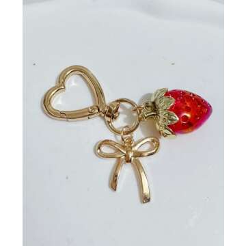 LAEKOU Cute Strawberry Keychain for Women, Bow Girls Bag Charm Key Chain Accessories, Heart Keychains Decor for Purse Backpack