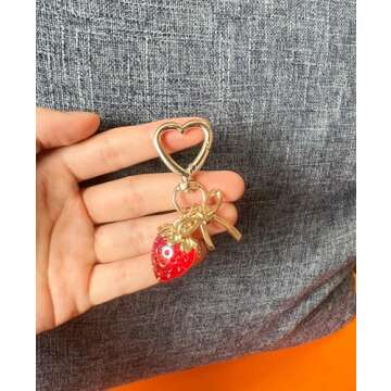LAEKOU Cute Strawberry Keychain for Women, Bow Girls Bag Charm Key Chain Accessories, Heart Keychains Decor for Purse Backpack