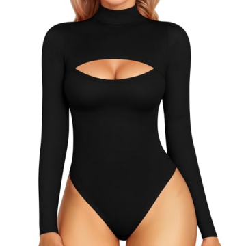 MANGOPOP Black Bodysuit Mock Neck Cutout Front Tops