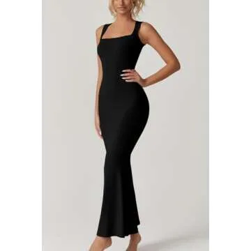 QINSEN Women's Square Neck with Lace Detail Long Maxi Dress Sleeveless Lounge Ribbed Full Length Dresses Black XL