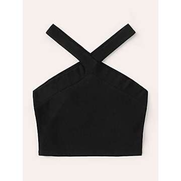 Floerns Women's Solid Criss Cross Sleeveless Rib Knit Halter Crop Tank Tops Black M