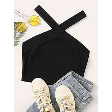 Floerns Women's Solid Criss Cross Sleeveless Rib Knit Halter Crop Tank Tops Black M